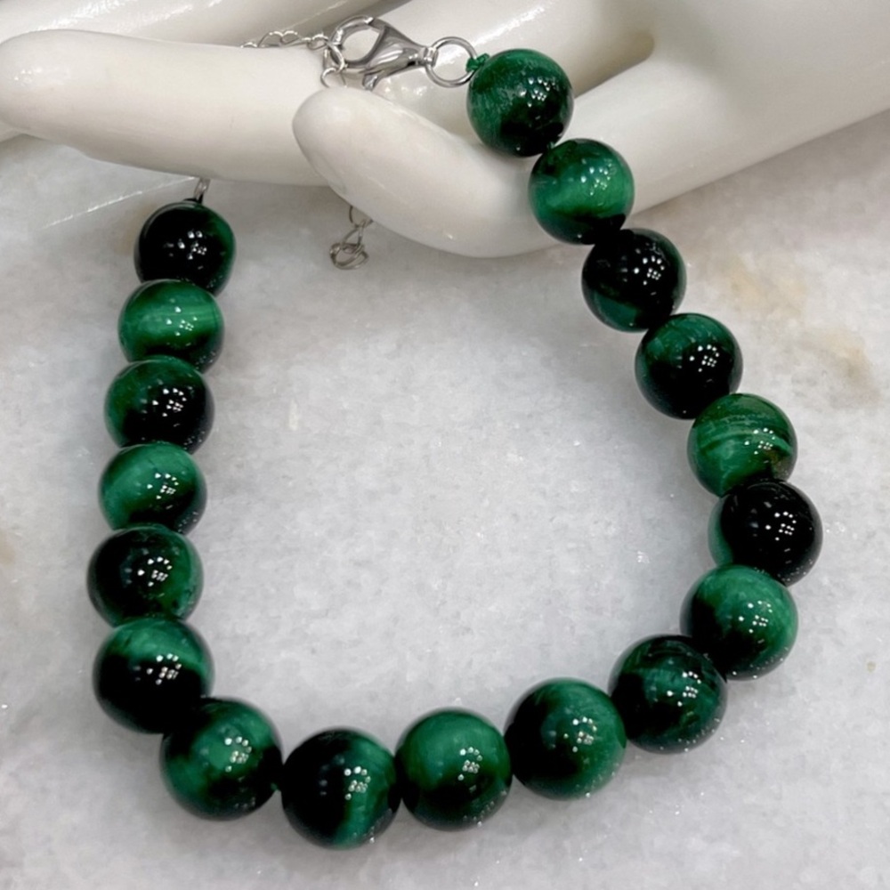Green Tiger’s Eye Sterling Silver Beaded Bracelet